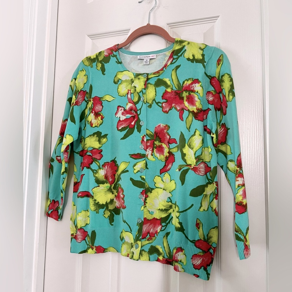 Turquoise-Pink-Yellow Crew Neck Button Front 3/4 Sleeves Isaac Mizhari Cardigan.